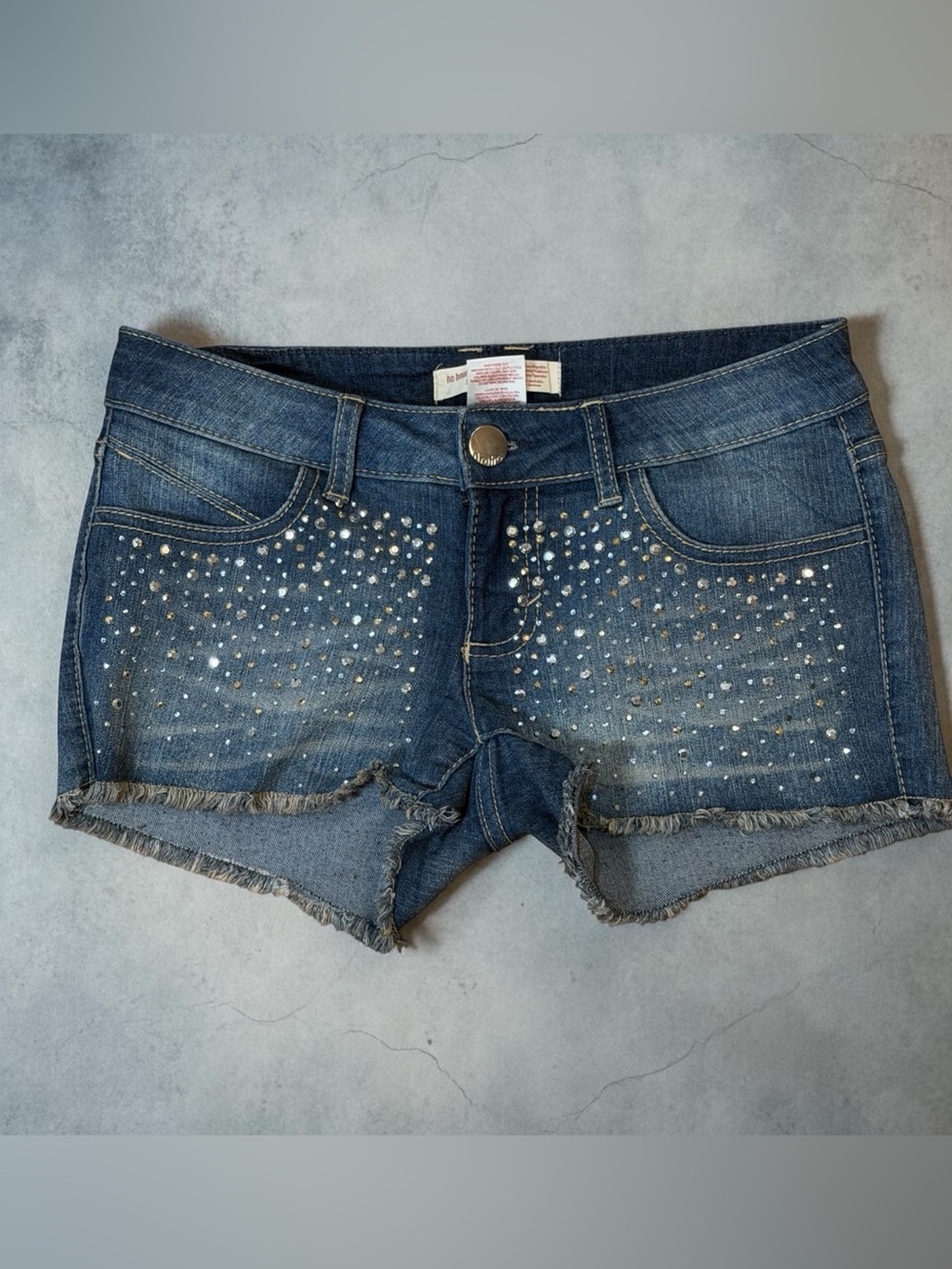 No Boundaries Rhinestone Denim Shorts Raw Hem Low Rise